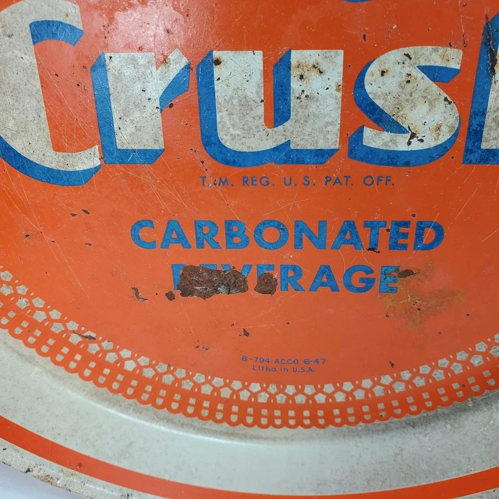 Orange Crush Vintage Metal Soda Serving Tray Orange 1947 Litho USA Advertising